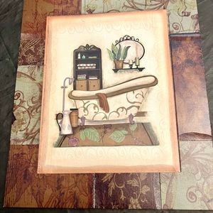 Pressed wood bathroom picture in dark wood and blue hues